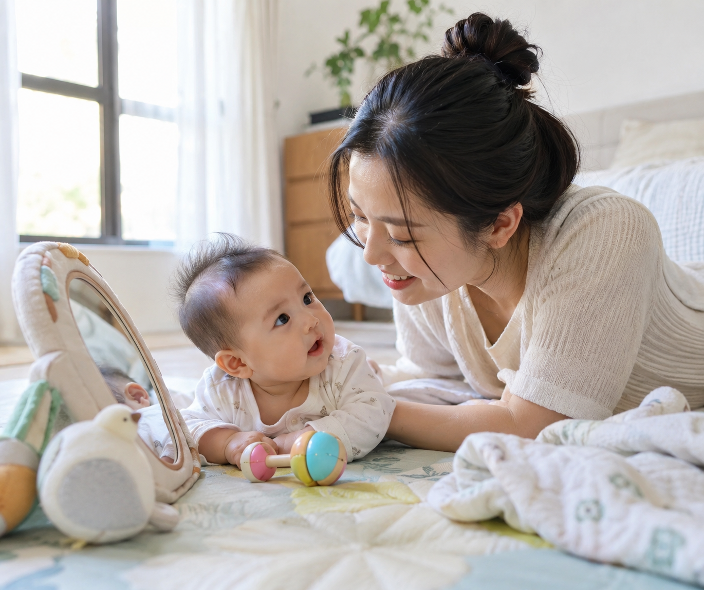 Cha mẹ gọi tên và mỉm cười với bé trước gương an toàn