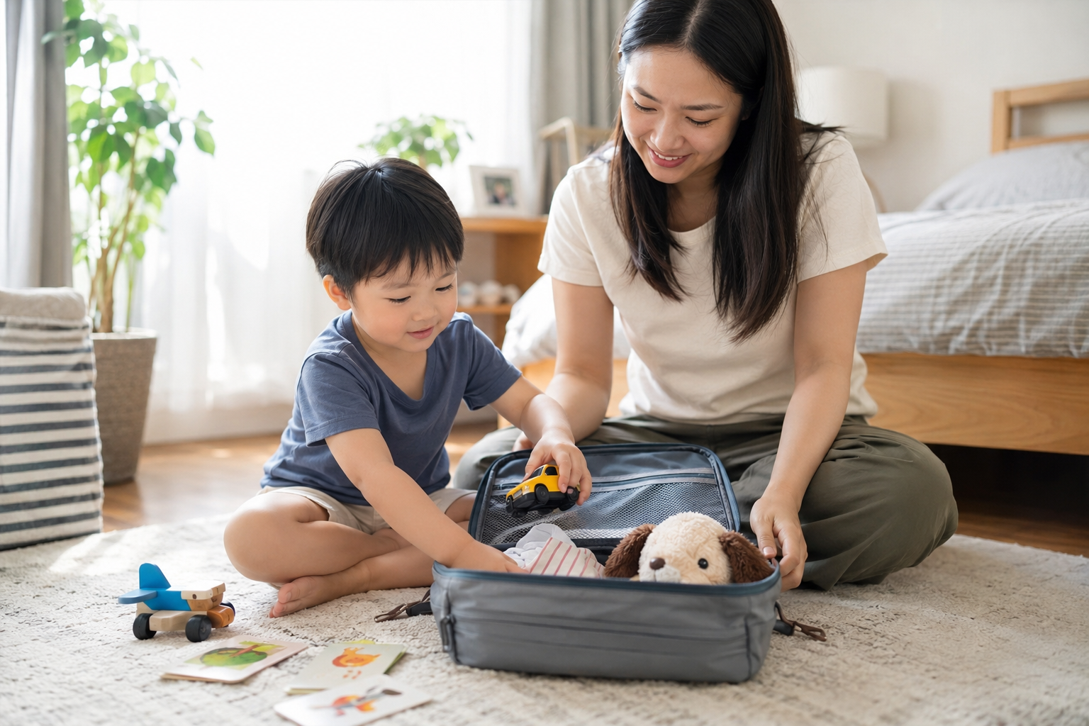 Mẹ và bé chọn ba món đồ chơi gọn để bỏ vào túi đi du lịch