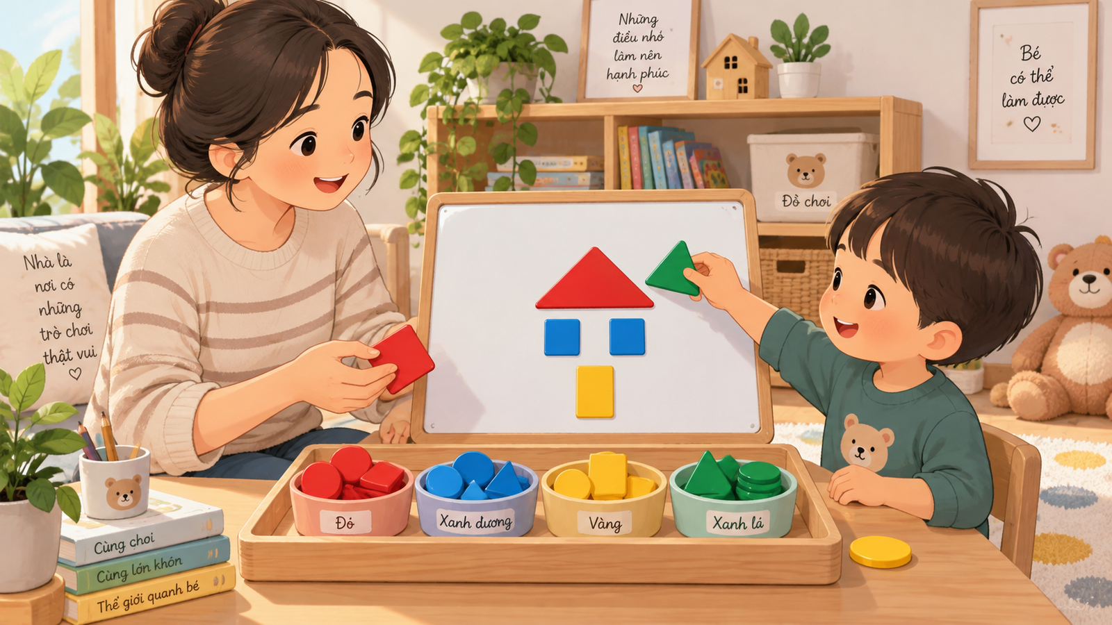 Cha mẹ chuẩn bị khay bảng nam châm với các mảnh lớn theo màu và hình