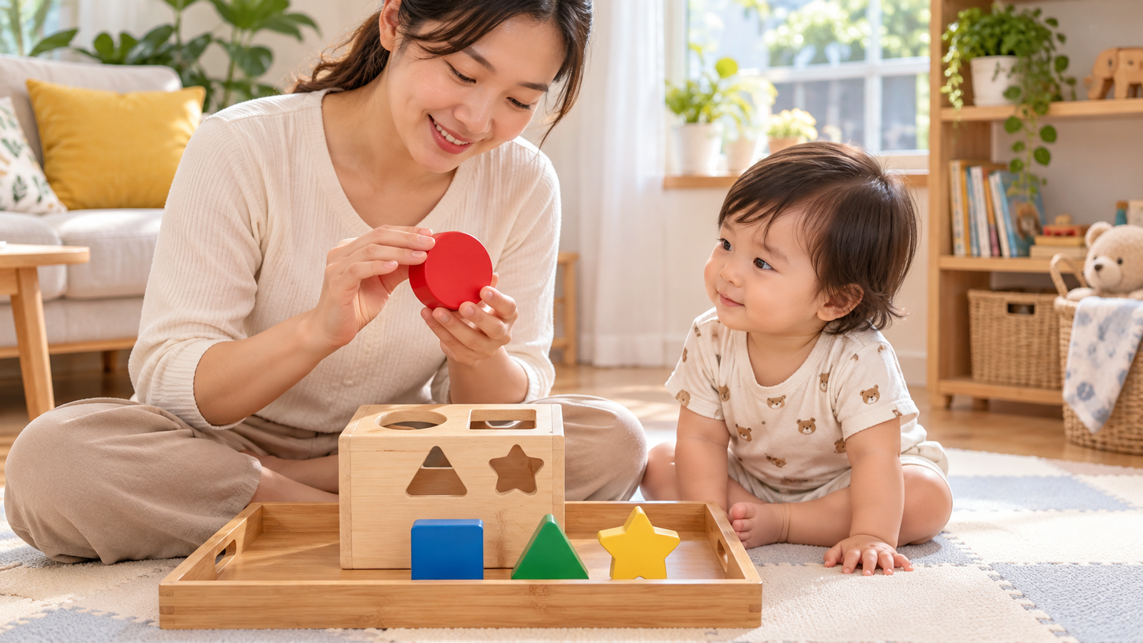 Cha mẹ chuẩn bị khay thả hình với hộp gỗ và các khối lớn an toàn
