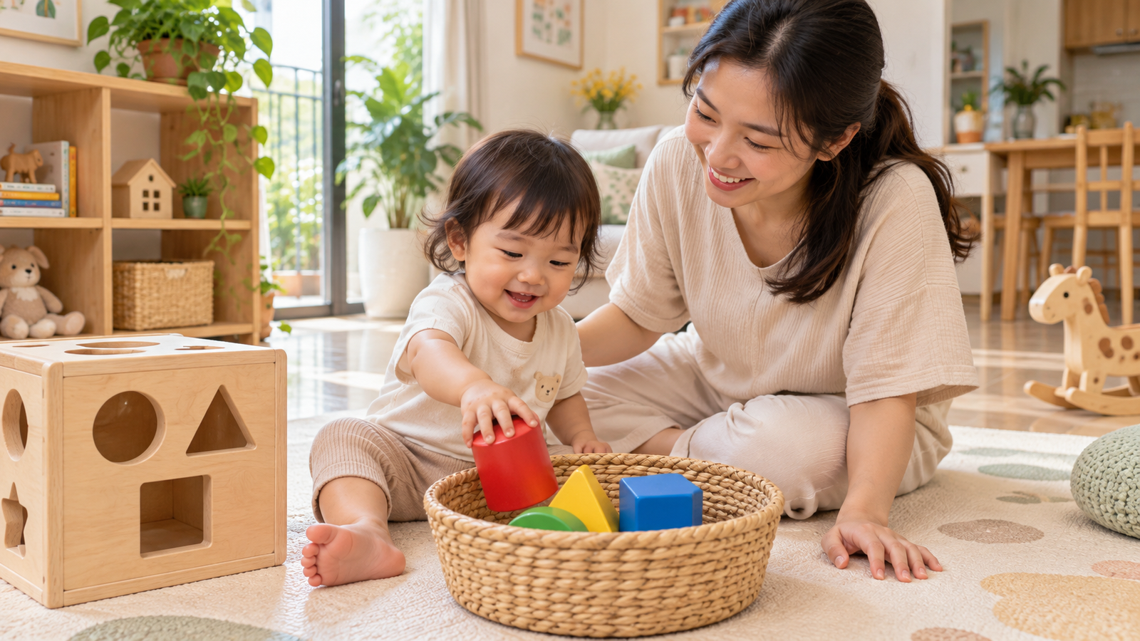 Bé 1-2 tuổi cất khối hình lớn vào giỏ sau khi chơi thả hình