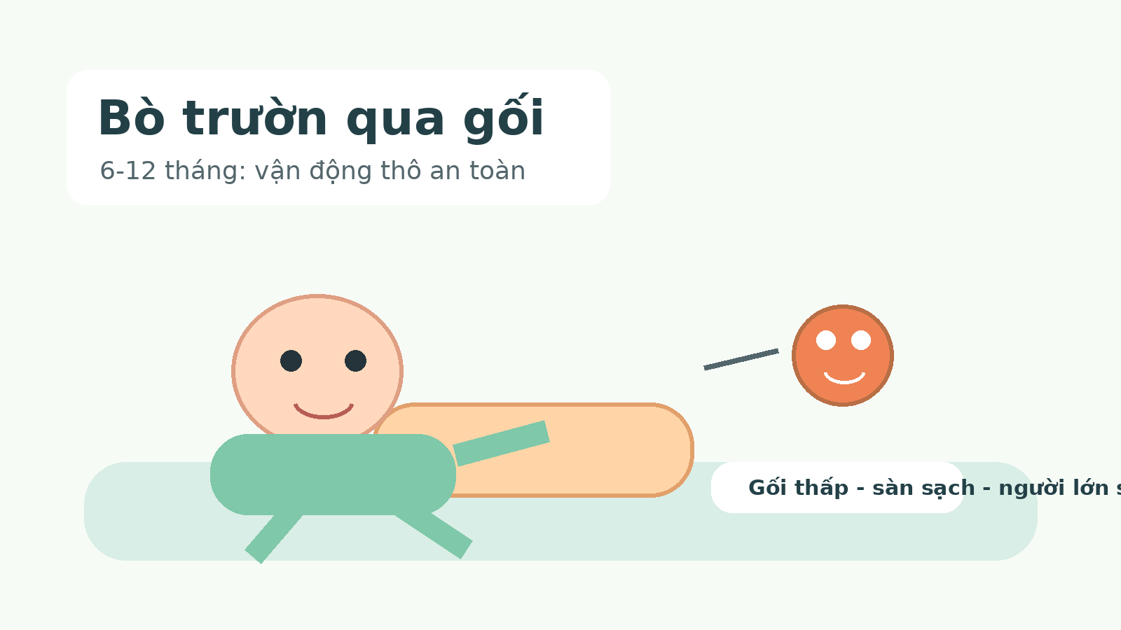 Cha mẹ hỗ trợ bé 6-12 tháng bò trườn qua gối thấp trên sàn an toàn