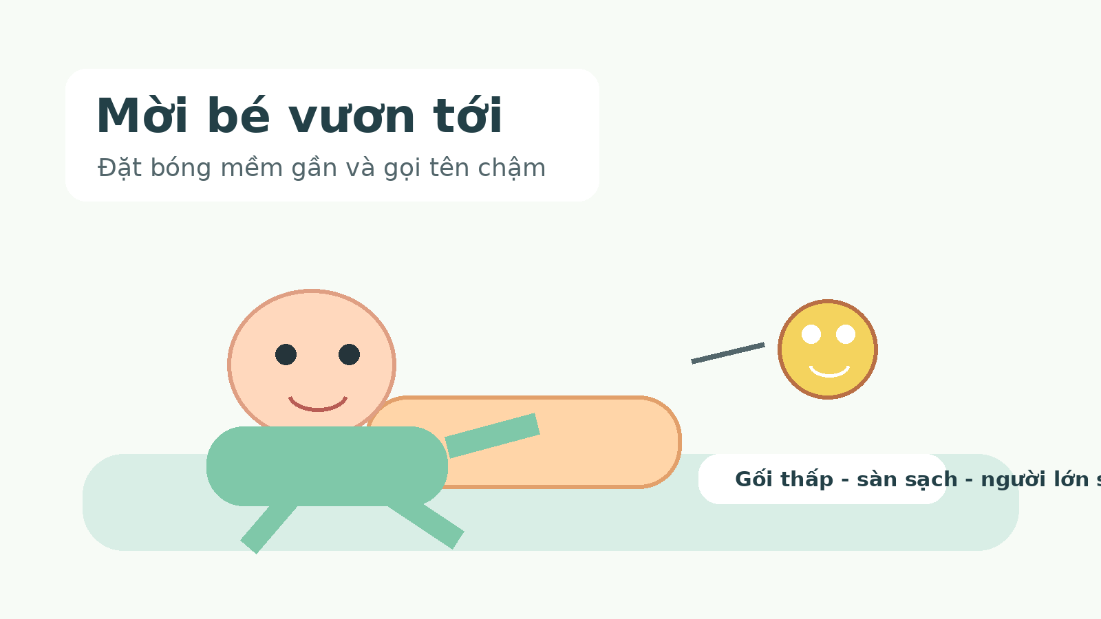 Người lớn đặt đồ chơi mềm phía trước để mời bé trườn tới