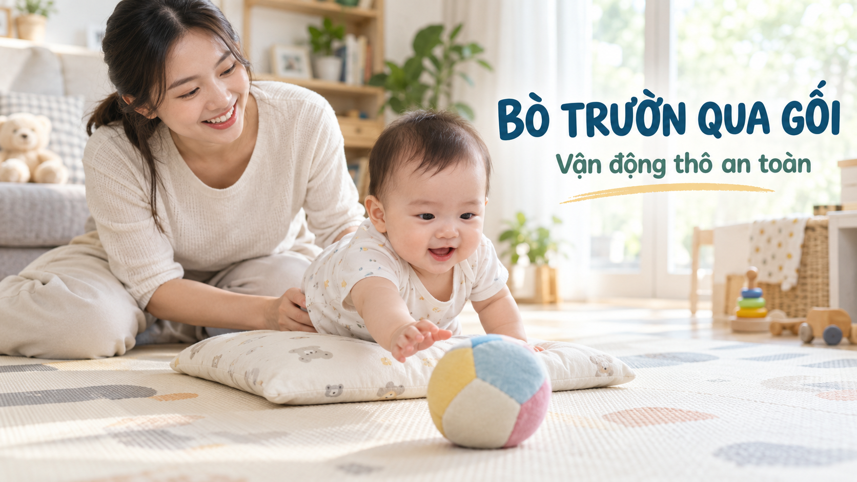 Bò trườn qua gối cho bé 6-12 tháng: chơi vận động thô an toàn trên sàn