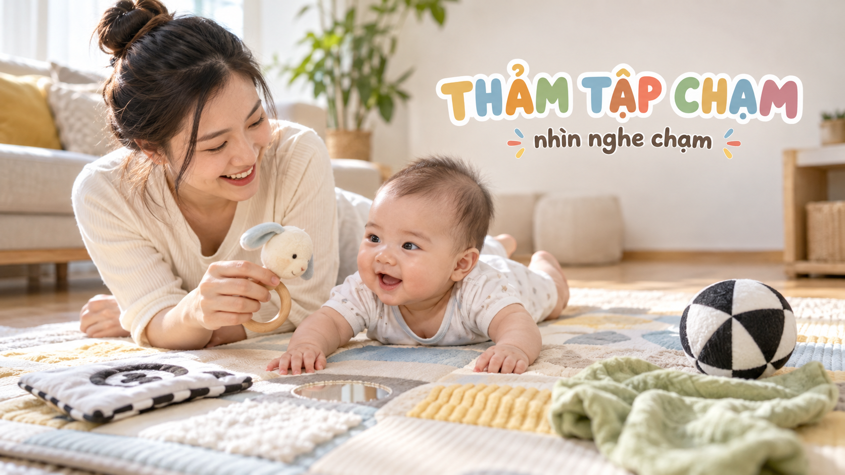 Mẹ chơi thảm tập chạm cùng bé 0-6 tháng bằng khăn mềm và lục lạc nhẹ
