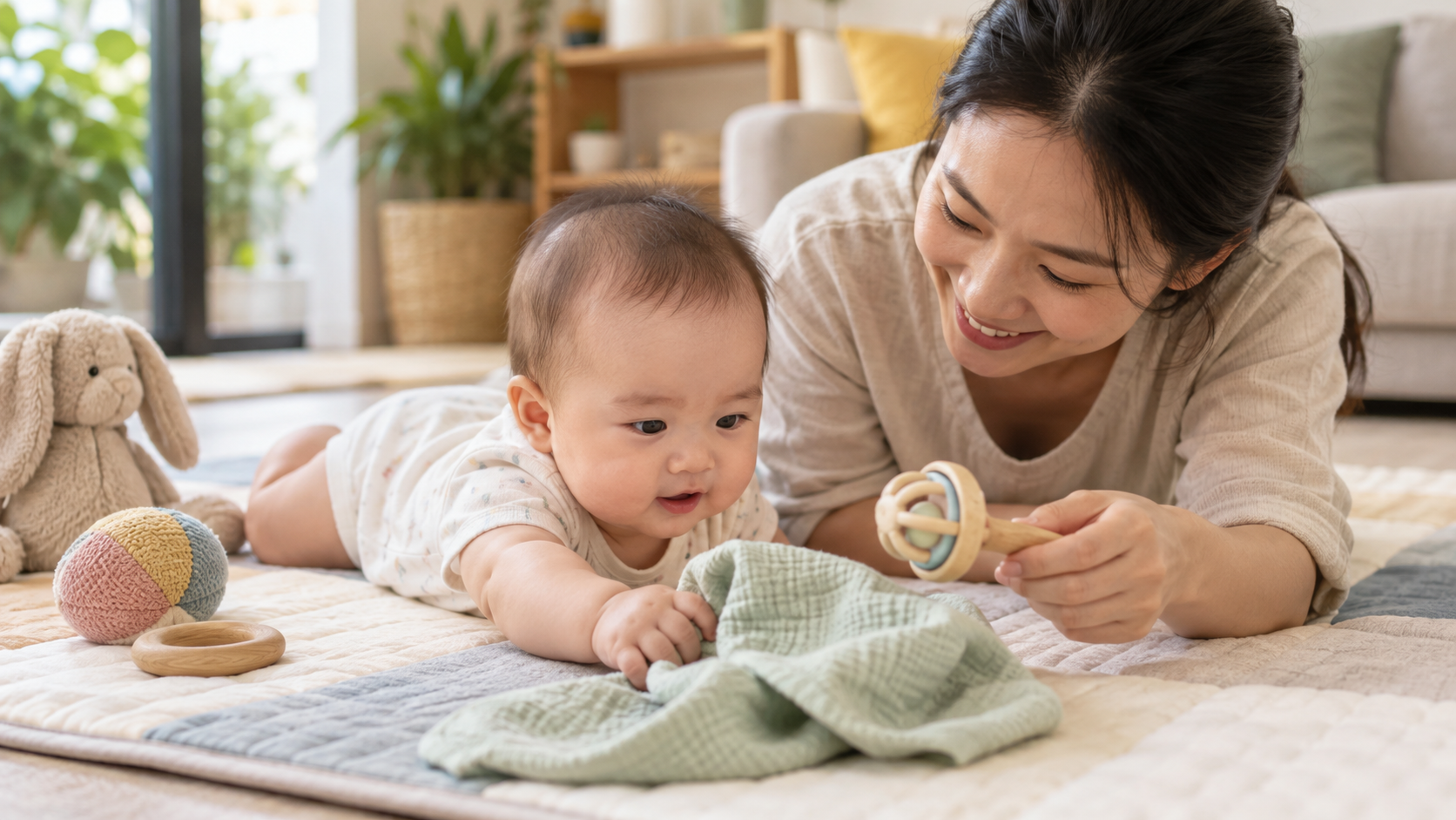 Người lớn cho bé chạm khăn vải mềm và lục lạc nhẹ trong tầm quan sát