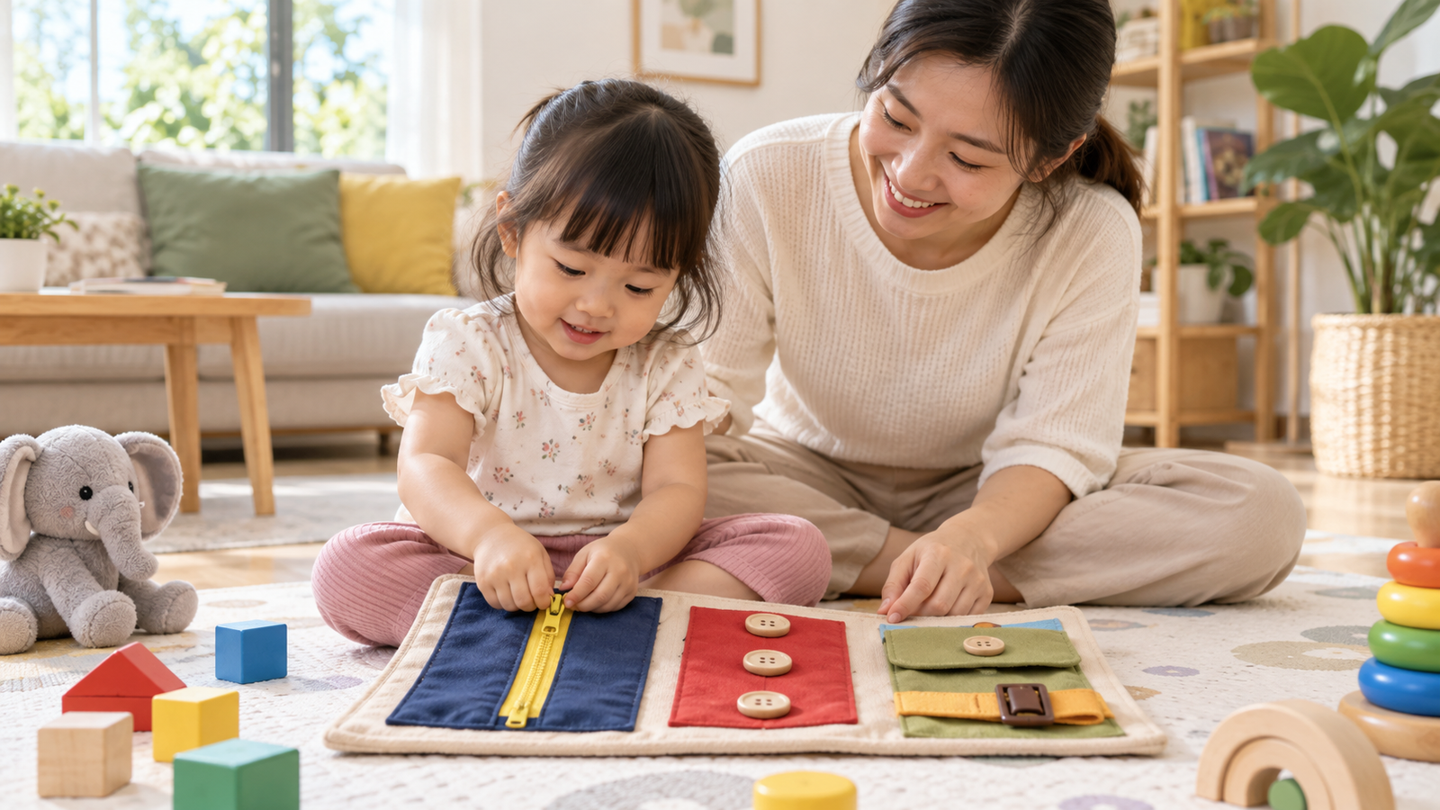 Bảng vải khóa kéo và nút bấm cho bé 2-3 tuổi: chơi chậm để tay khéo hơn