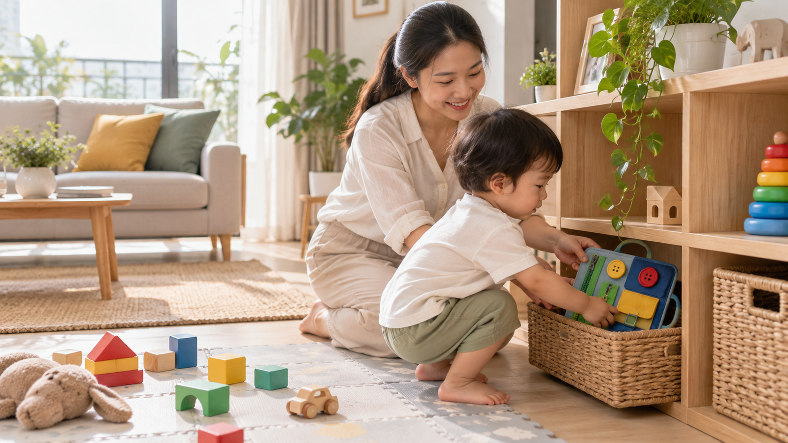 Bé cùng cha mẹ cất bảng vải khóa kéo vào giỏ thấp sau khi chơi