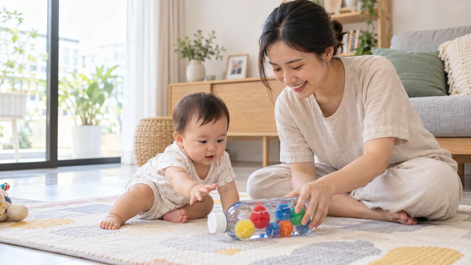 Mẹ ngồi cạnh bé 6-12 tháng chơi chai cảm giác đã niêm kín trên thảm sạch