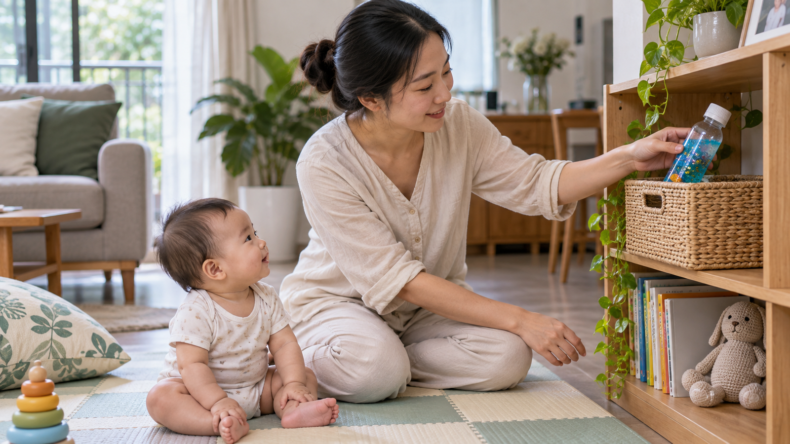 Mẹ cất chai cảm giác lên kệ sau phiên chơi cùng bé 6-12 tháng