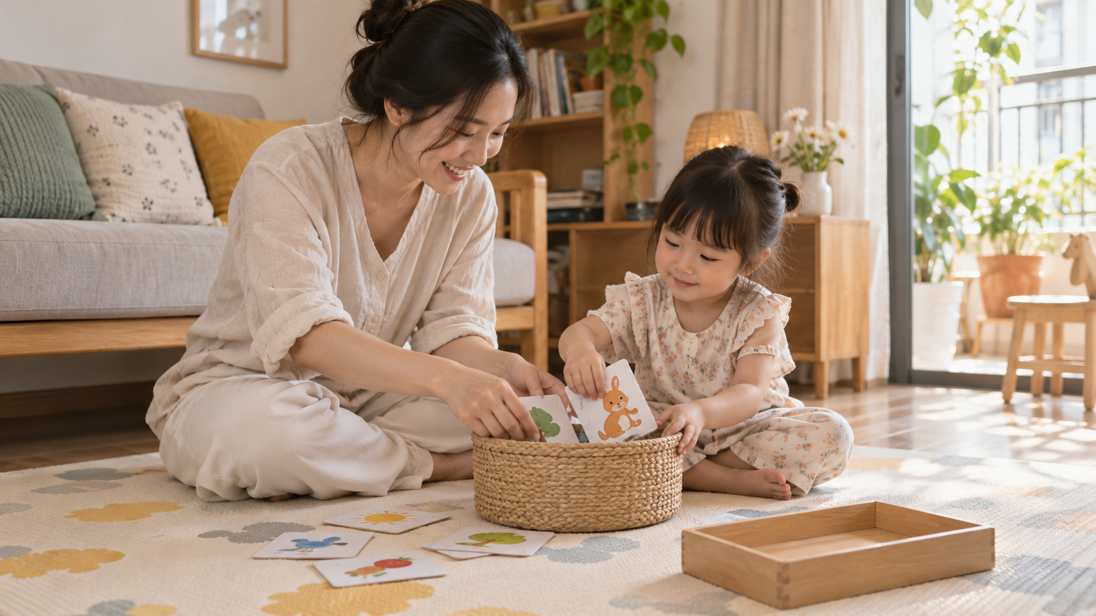 Bé cùng mẹ cất que tranh vào giỏ sau phiên kể chuyện ngắn