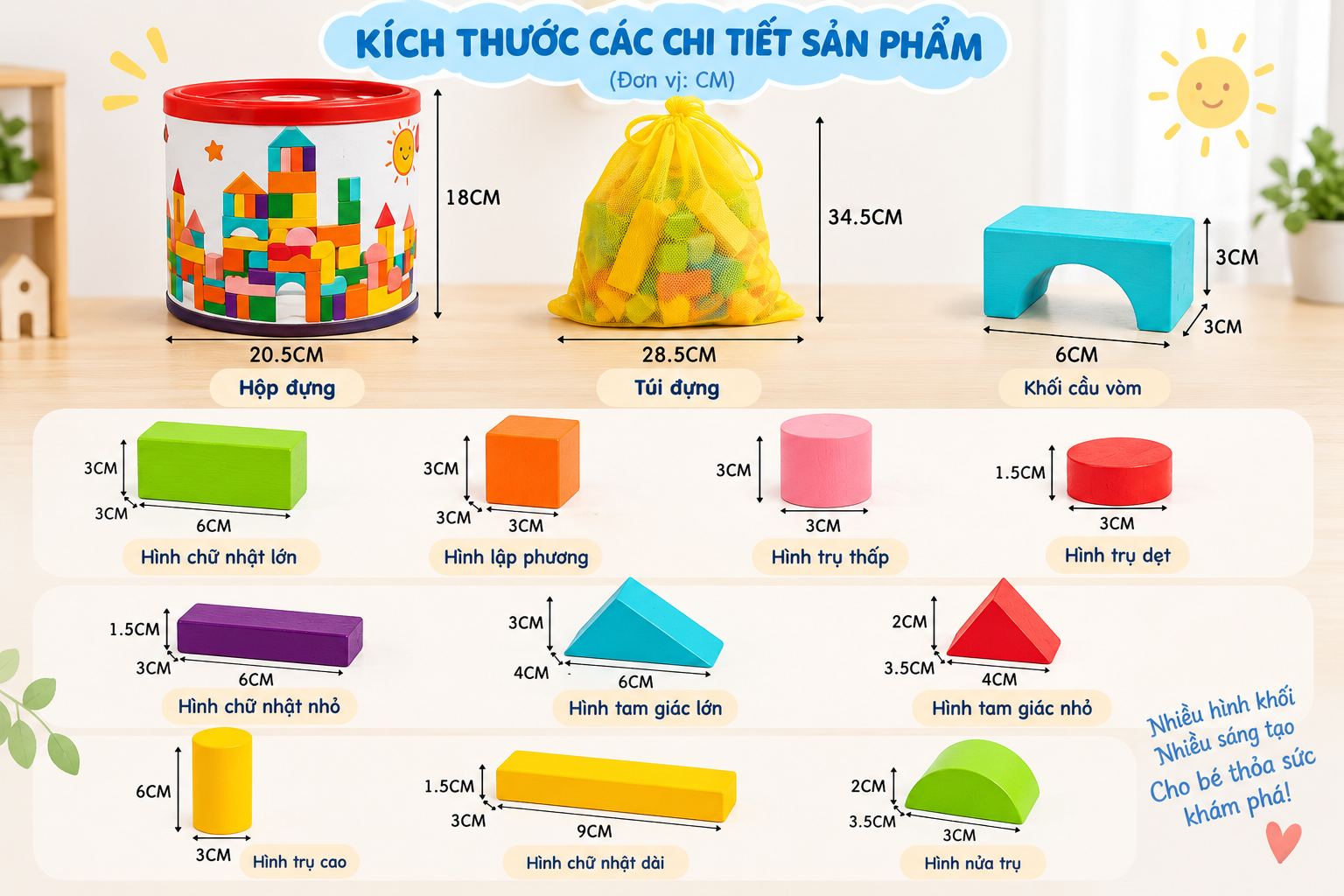 Đồ chơi xếp hình khối bằng gỗ bộ xếp hình xây dựng nhiều màu sắc 100 chi tiết cho bé Aquakids - Ảnh kích thước / thông tin sản phẩm