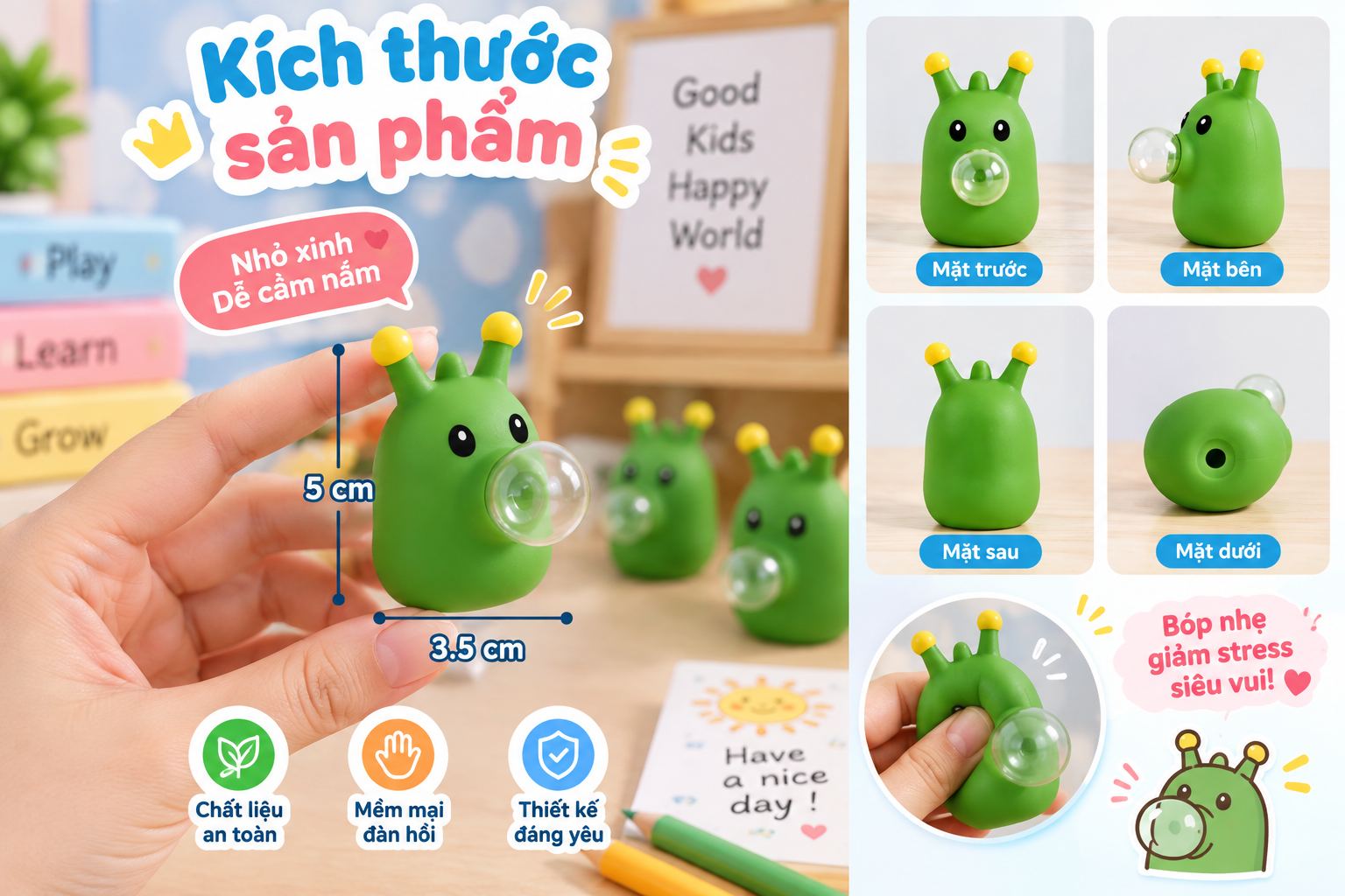 Đồ chơi Squishy Sâu bướm xanh bong bóng bóp xả stress siêu mềm cute đáng yêu Aquakids - Ảnh kích thước / thông tin sản phẩm