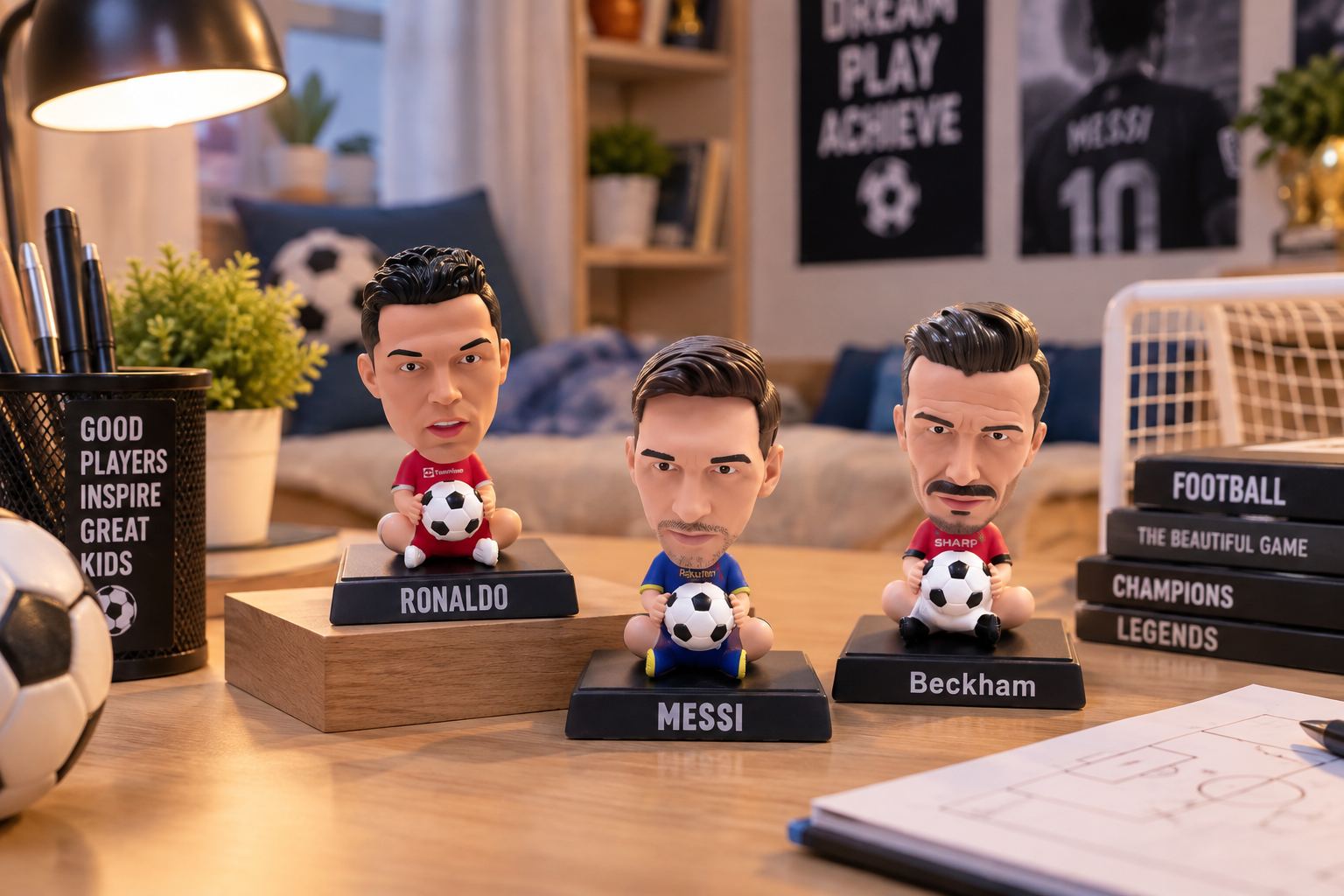 Mô hình cầu thủ đá bóng Messi Ronaldo David Beckham nhân vật hoạt hình lắc đầu decor bàn học xe ô tô giá rẻ Aquakids - Ảnh lifestyle / cách chơi