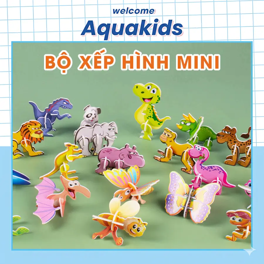 100 bộ miếng tranh ghép hình 3D bằng giấy dễ thương chủ đề côn trùng, động vật, khủng long, máy bay AquaKids