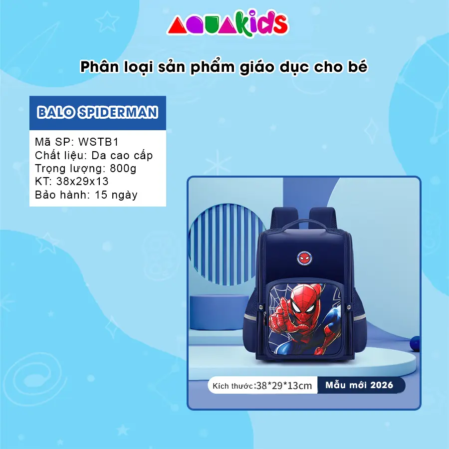 Balo chống gù cao cấp Spiderman người nhện cho bé trai tiểu học (Lớp 1-6) chống nước siêu nhẹ AquaKids