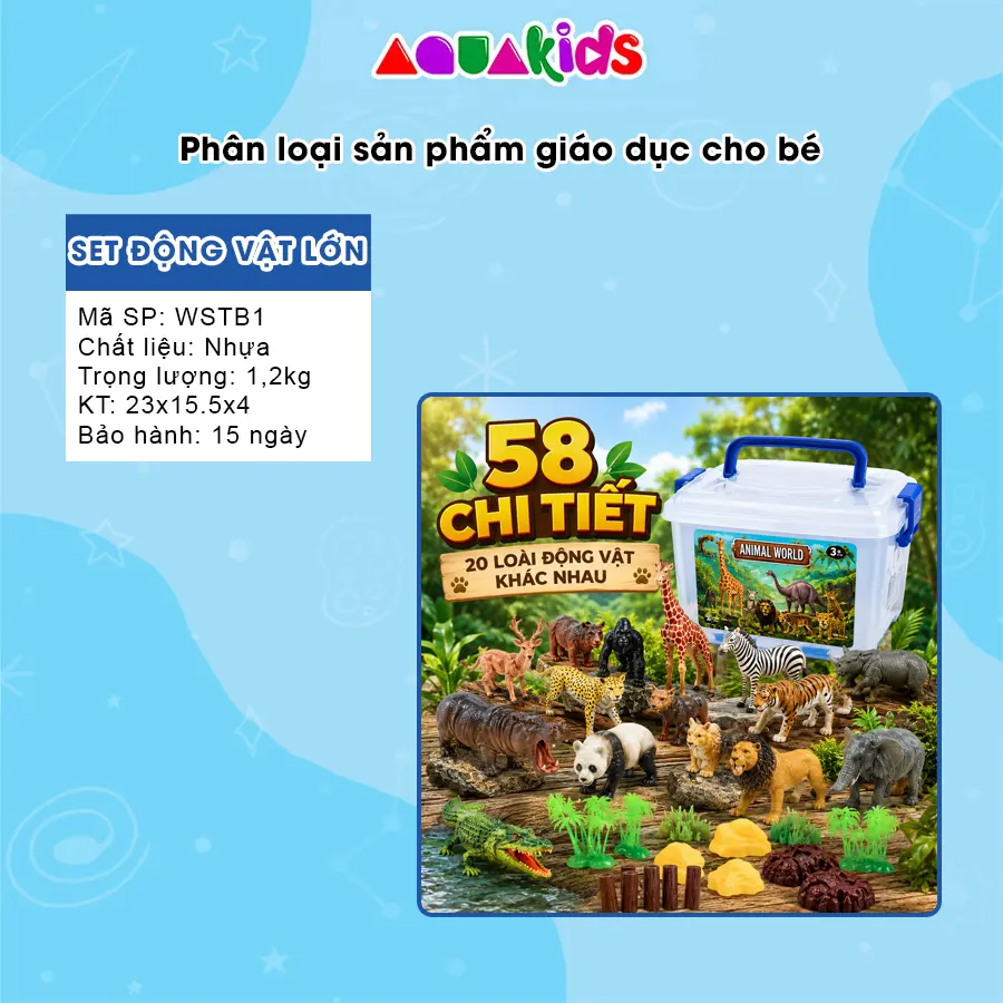 Bộ động vật 58 chi tiết cỡ lớn cho bé đồ chơi mô hình động vật cao cấp 58 chi tiết mô hình thú rừng AquaKids