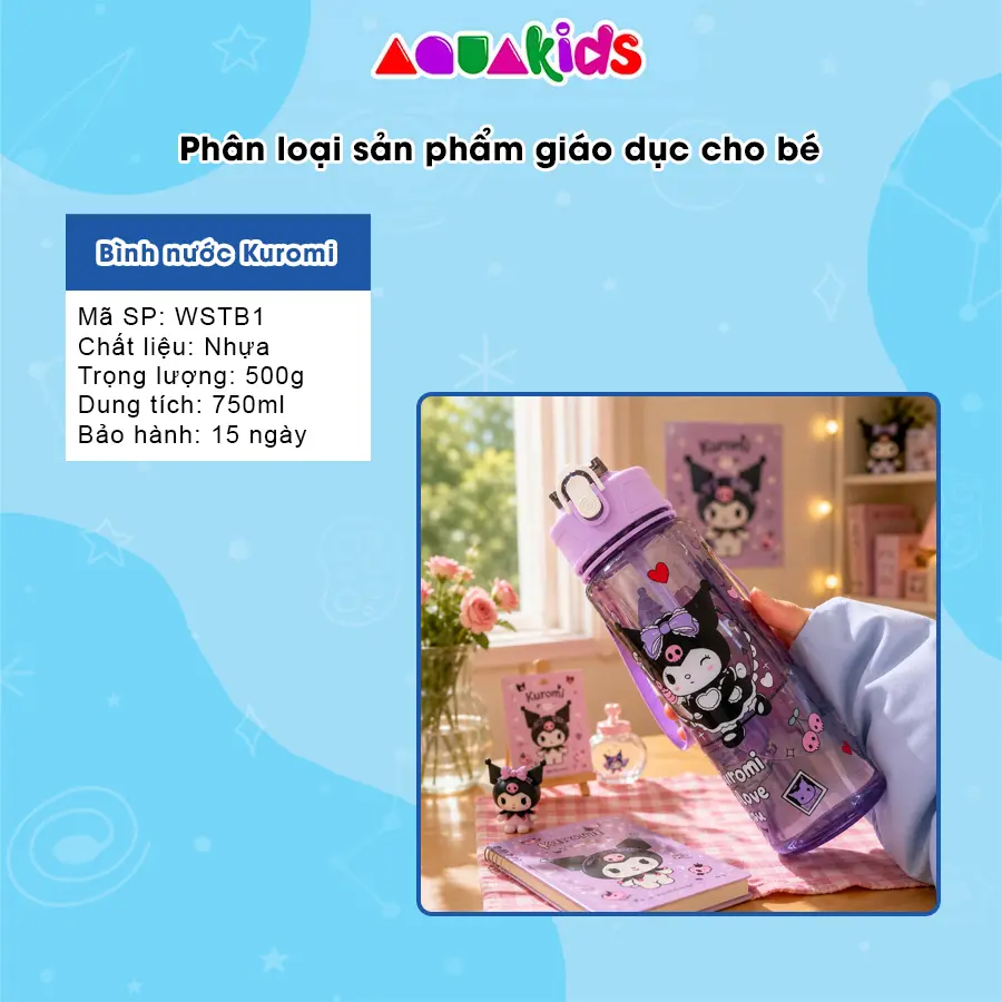 Bình Nước Kuromi 800ml - Ống Hút BPA-Free - Trong Suốt AquaKids