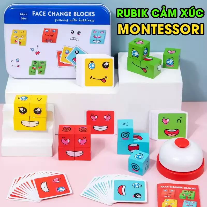 Đồ chơi Rubik cảm xúc thay đổi khuôn mặt hình lập phương bằng gỗ thông minh nhanh tay nhanh mắt Aquakids