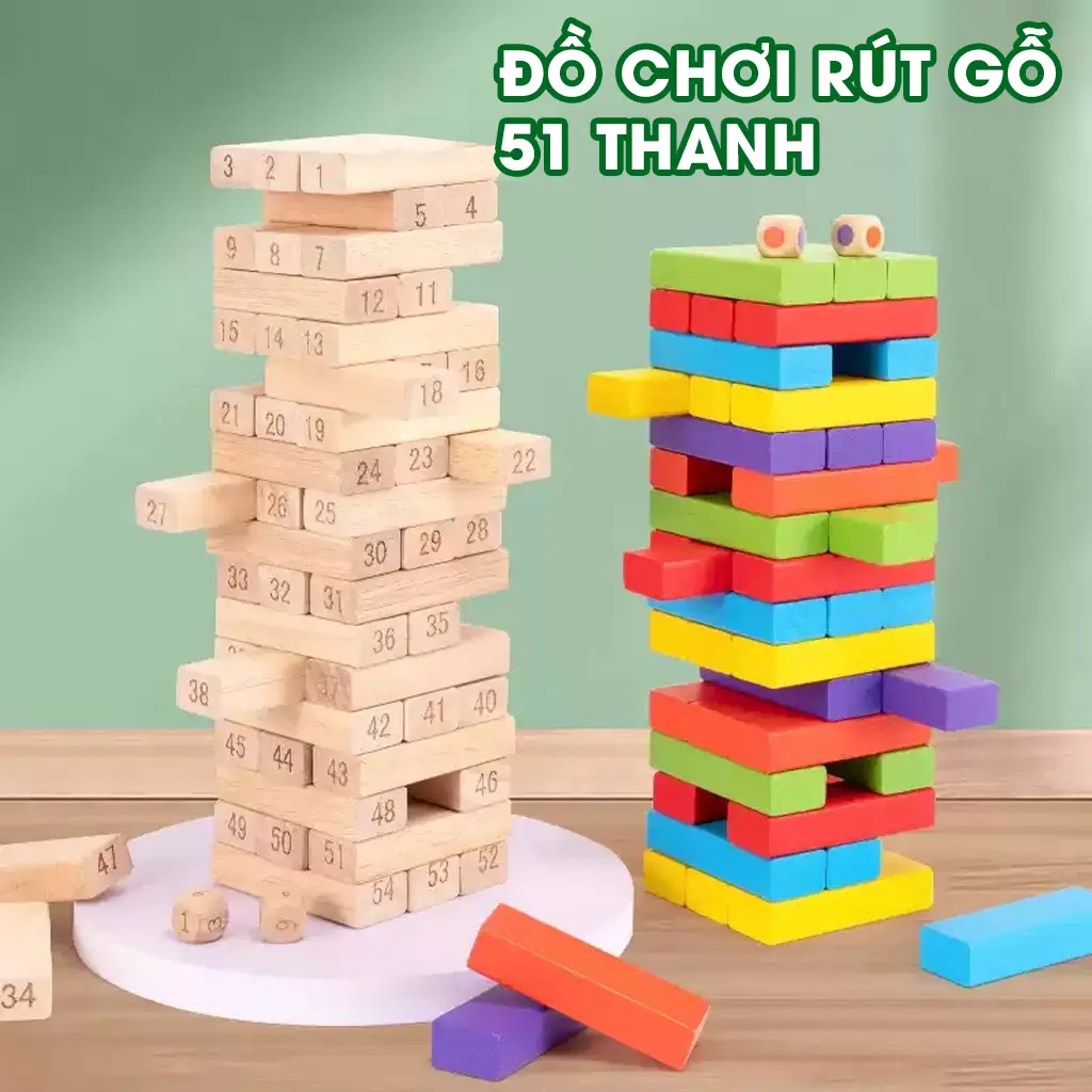 Đồ chơi rút gỗ 51 thanh cho trẻ em luyện trí thông minh khéo léo tặng kèm xúc xắc Aquakids