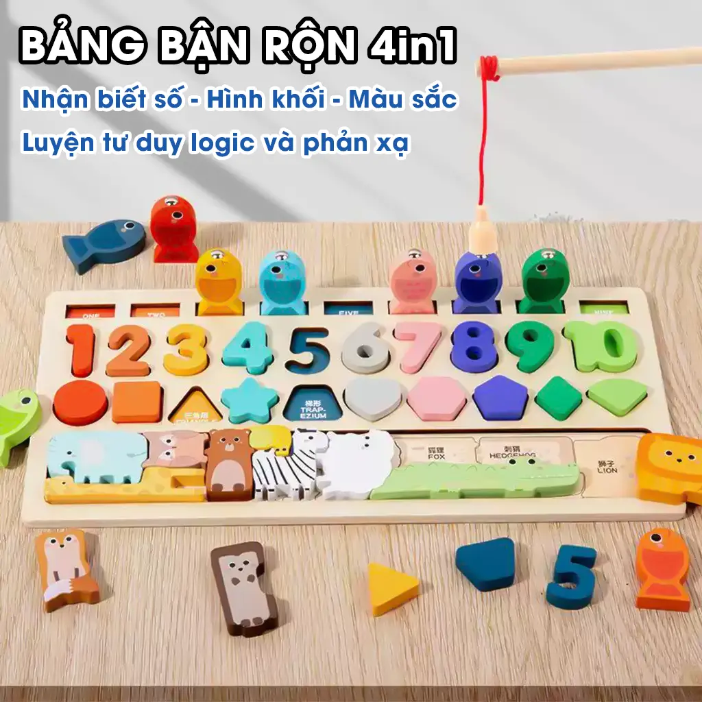 Đồ chơi bảng bận rộn dã ngoại gỗ thông minh 4in1 bé học chữ số, hình khối, màu sắc kèm câu cá Aquakids