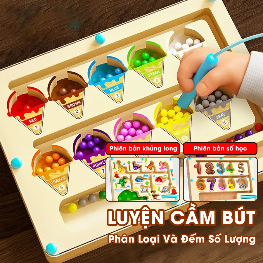 Bảng mê cung từ tính Montessori bằng gỗ nam châm giúp bé phân biệt màu sắc và số đếm kích thích tư duy logic hiệu quả Aquakids
