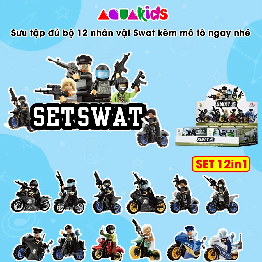 Mô hình lắp ráp swat xe mô tô cảnh sát mini giá rẻ 12 in 1 cho bé thông minh sáng tạo Aquakids