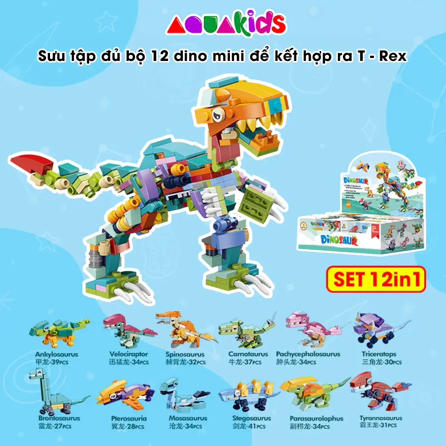 Mô hình lắp ráp Khủng long T-Rex bạo chúa set 12 in 1 xếp hình thông minh quà tặng cho bé cỡ lớn Aquakids