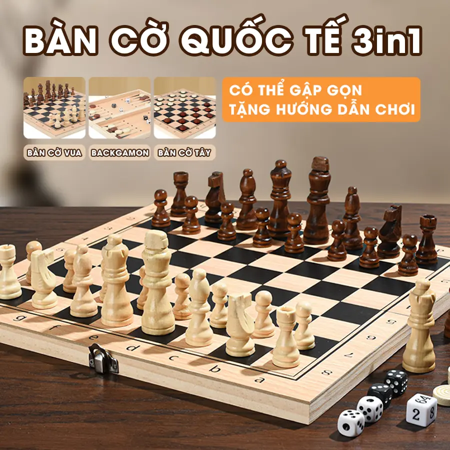 Bộ cờ vua gỗ quốc tế có hộp gấp gọn nhiều kích thước 3 in 1 mọi lứa tuổi giải trí học hỏi