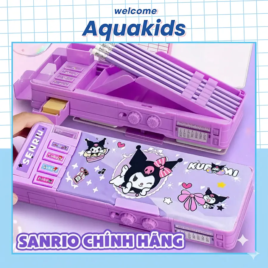 Hộp bút nhiều ngăn đa năng cho bé trai bé gái có khóa mật khẩu 2 lớp chủ đề Kuromi/Melody AquaKids