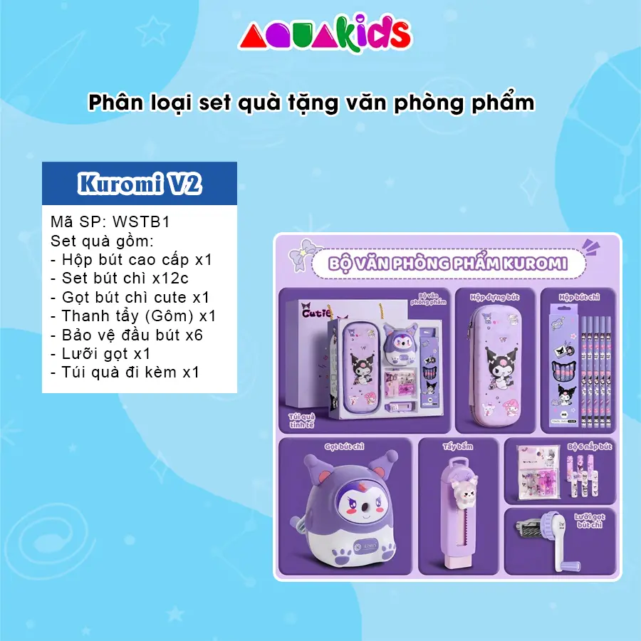Bộ văn phòng phẩm quà tặng chủ đề nhân vật capybara kuromi melody AquaKids