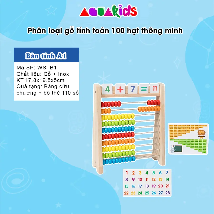 Bảng tính học toán bằng gỗ bảng tính hạt gỗ cho bé từ 3-6 tuổi giúp bé học toán và nhận biết màu sắc AquaKids