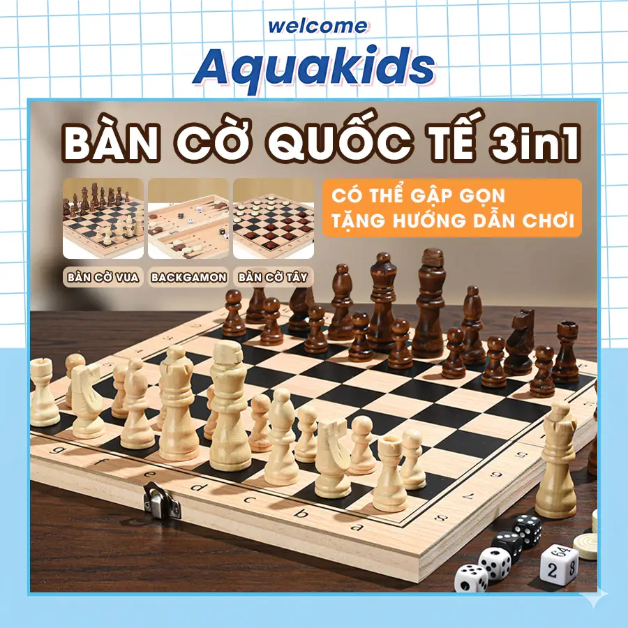 Bộ cờ vua gỗ quốc tế có hộp gấp gọn nhiều kích thước 3 in 1 mọi lứa tuổi giải trí học hỏi
