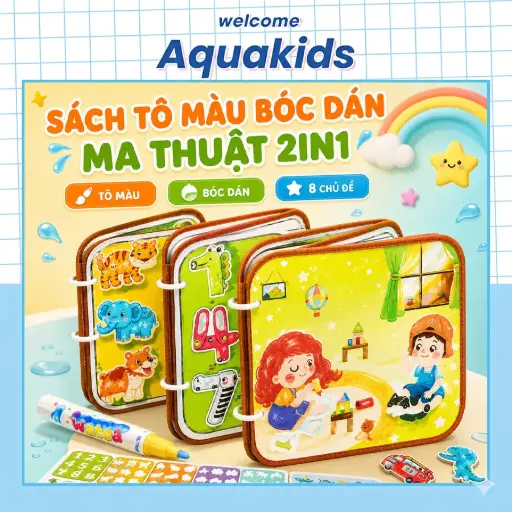 Sách tô màu nước ma thuật cho bé kèm bóc dán 2 Trong 1 đồ chơi giáo dục tư duy baby busy AquaKids