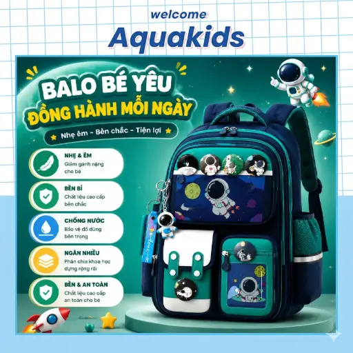 [Tặng phụ kiện] Balo đi học cho bé tiểu học chống gù chống nước cặp sách học sinh cấp 1 họa tiết vũ trụ cao cấp AquaKids