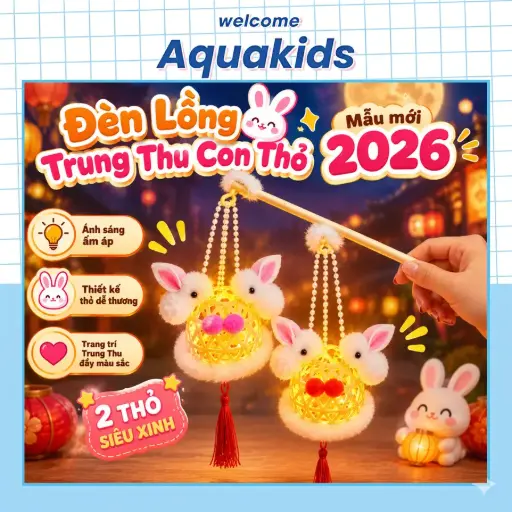 Lồng đèn trung thu giỏ tre thỏ ngọc có đèn trang trí mẫu mới 2 thỏ cho trung thu 2026 AquaKids